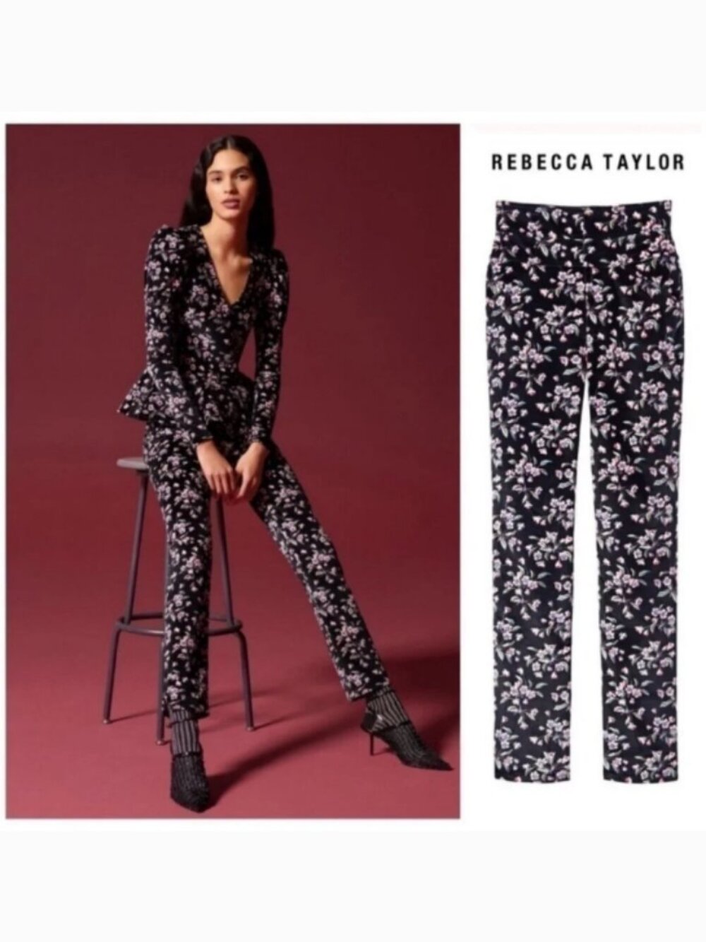 Rebecca Taylor Tilda Black Floral Pant high waisted